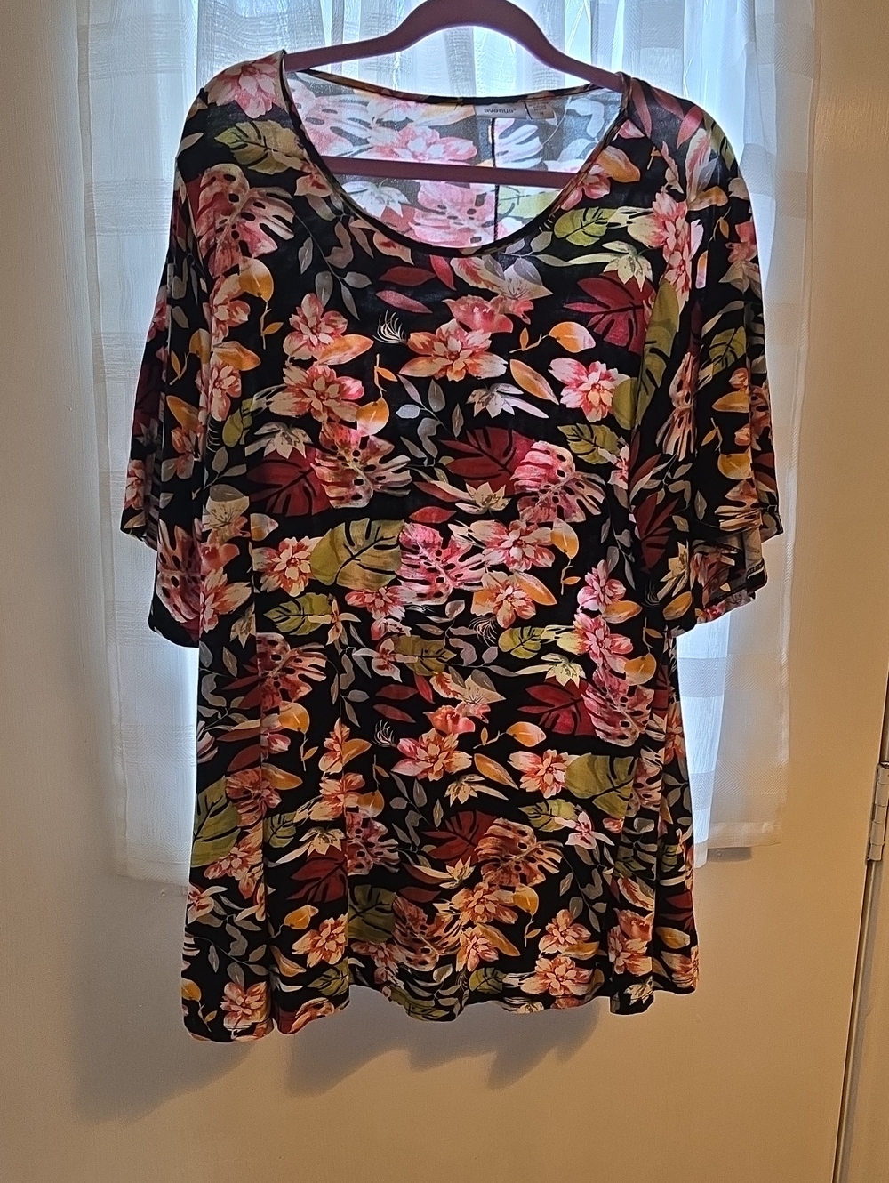 Avenue Black Floral Scoop Neck Tunic with Pink & Green Accents